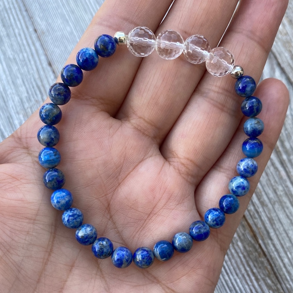 Lapis Lazuli & Faceted Clear Quartz Stretch Bracelet 7.5"